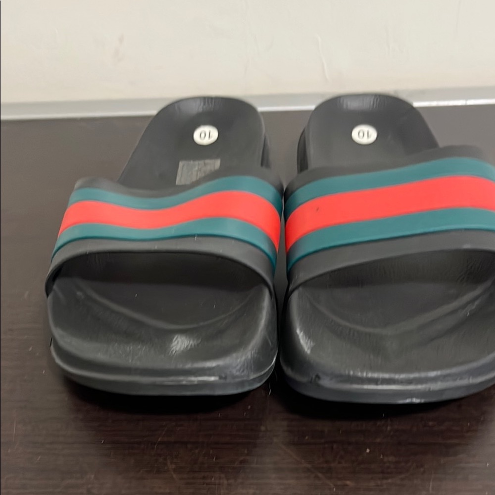 Stylish Black Slides with Red and Green Stripes